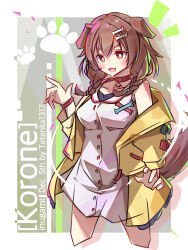  1girl :3 :d animal_ears bare_shoulders blush bone_hair_ornament border braid breasts bright_pupils brown_hair choker collarbone commentary_request cropped_legs dog_ears dog_girl dog_tail dress fang grey_background hair_between_eyes hair_ornament hand_up highres hololive inugami_korone jacket large_breasts long_sleeves looking_at_viewer off_shoulder open_clothes open_jacket open_mouth outside_border red_choker short_dress smile solo tail tetenka thick_eyebrows twin_braids virtual_youtuber white_border white_dress white_pupils yellow_jacket 