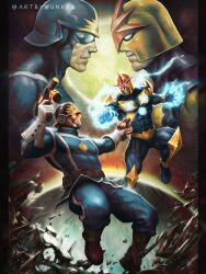  2boys black_bodysuit blue_pants bodysuit boots border brown_boots clenched_teeth comic_cover commentary cover cover_page covered_abs debris dual_wielding electricity electrokinesis english_commentary fighting firing gloves glowing glowing_eyes gold_helmet guardians_of_the_galaxy gun highres holding holding_gun holding_weapon kunkka male_focus marvel multiple_boys muscular muscular_male nova_(marvel) official_art pants peter_quill profile space star-lord superhero_costume teeth textless_cover_page textless_version twitter_username weapon western_comics_(style) white_gloves 