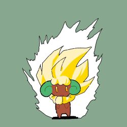  1other alternate_hairstyle aura big_hair blonde_hair commentary dragon_ball english_commentary full_body green_background huedartnate looking_at_viewer open_mouth orange_eyes other_focus pokemon pokemon_(creature) simple_background solo spiky_hair standing super_saiyan whimsicott 
