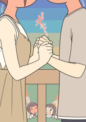  1boy 3girls ^^^ animal blue_dress blush brown_dress brown_hair brown_shirt collared_dress commentary_request covering_another's_eyes dog dress flying_sweatdrops full-face_blush hair_bun head_out_of_frame hetero hiding holding_another's_wrist juukyuu multiple_girls original outdoors pleated_dress shirt sleeveless sleeveless_dress sleeveless_shirt sunset translation_request tree white_shirt 