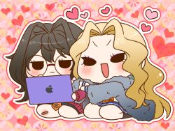  bandaid bandaid_on_knee bandaid_on_leg blonde_hair blue_skirt blush brown_hair chibi coat commentary_request danganronpa_another earrings expressionless fur_coat glasses grabbing_another's_arm hair_intakes happy heart heart_background holding holding_tablet_pc ipad jewelry kneeling long_hair long_sleeves magorobi_emma mitsume_kokoro multiple_girls necktie off-shoulder_sweater off_shoulder open_mouth patterned_background pink_background red_sweater round_eyewear school_uniform shirt short_hair sitting skirt super_danganronpa_another_2 sweater tablet_pc wavy_hair yumaru_(marumarumaru) 