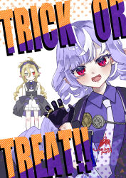  1boy 1girl ahoge alternate_costume black_gloves blonde_hair blue_eyes bow bowtie cosplay costume_switch cowboy_shot drill_hair english_text gem gloves hair_between_eyes hairband heterochromia highres hugo_vlad jacket janbopurin long_hair long_sleeves looking_at_viewer mole mole_under_eye multicolored_hair necktie open_clothes pointy_ears purple_bow purple_bowtie purple_gem purple_hair purple_hairband purple_jacket purple_shirt red_eyes shirt shrug_(clothing) streaked_hair vivian_banshee white_shrug zenless_zone_zero 