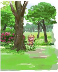  1girl ahoge animal_ears apron bag bell black_thighhighs blue_eyes blush_stickers bow bread butter_(trickcal) chibi chibi_only commentary_request dog_ears dog_girl dog_tail eating food forest gossmm10ws hair_bow handbag heart holding holding_stick long_hair multicolored_thighhighs nature neck_bell outdoors pink_shoes pink_skirt shirt shoes skirt solo stick striped_clothes striped_thighhighs tail tail_wagging tearing_up thigh-highs tongue tongue_out trickcal two-tone_thighhighs very_long_hair white_shirt wristband yellow_apron yellow_bow yellow_thighhighs 