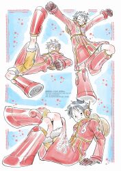  1boy arms_up black_hair boots closed_mouth coat commentary_request fur-trimmed_shorts fur_trim gloves grin hamhamugi_mugi hat hat_on_back headphones kicking leg_up long_sleeves looking_at_viewer male_focus monkey_d._luffy multiple_views official_alternate_costume one_piece outstretched_arms red_boots red_coat short_hair shorts sitting smile straw_hat 