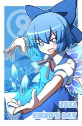  1girl 2023 :d blue_background blue_bow blue_dress blue_eyes blue_hair blush bow circled_9 cirno cirno_day collared_shirt commentary_request dress english_text fairy hair_between_eyes hair_bow hoshii_1213 ice ice_wings open_mouth outside_border pinafore_dress puffy_short_sleeves puffy_sleeves shirt short_hair short_sleeves sleeveless sleeveless_dress smile snowflakes solo touhou white_shirt wings 