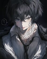  1boy ? absurdres bandaged_neck bandages bandaid bandaid_on_cheek bandaid_on_face black_background black_hair black_necktie brown_eyes bungou_stray_dogs coat coat_on_shoulders commentary_request dazai_osamu_(bungou_stray_dogs) hair_between_eyes highres injury looking_at_viewer loose_necktie male_focus necktie ruiseru_080 shirt short_hair simple_background solo spoken_question_mark twitter_username upper_body white_shirt 
