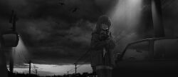  1girl bag bird car cellphone city_lights crying crying_with_eyes_open dark dusk greyscale highres holding holding_bag jacket long_hair monochrome motor_vehicle mz-t original outdoors overcast phone pleated_skirt power_lines scenery shirt_partially_tucked_in skirt sky solo talking_on_phone tears thigh-highs utility_pole wavy_hair wing_collar 
