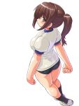  brown_eyes brown_hair buruma clenched_hands dd_(artist) from_above from_behind gym_uniform legs looking_back looking_up original ponytail solo 