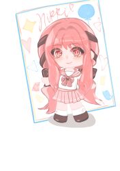  1girl absurdres ankle_socks balloon bow bowtie brown_bow brown_ribbon brown_shoes character_name chibi chinese_commentary closed_mouth commentary_request dot_nose eyes_visible_through_hair hair_bow hair_intakes hair_ribbon heart highres infinity_nikki light_blush long_hair long_sidelocks long_sleeves low_twintails miniskirt nikki_(nikki) nikki_(series) pink_bow pink_bowtie pink_eyes pink_hair pink_sailor_collar pink_skirt pleated_skirt print_socks ribbon sailor_collar school_uniform serafuku shadow shirt shoes sidelocks skirt smile smiley_face smiley_print socks solo sparkle standing star_(symbol) tareme tress_ribbon twintails very_long_hair white_background white_shirt white_socks yuanningmy 