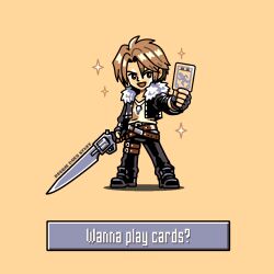 1boy artist_name belt black_boots black_gloves black_jacket black_pants boots brown_belt brown_eyes brown_hair card chibi chibi_only commentary cropped_jacket crossed_belts english_commentary english_text final_fantasy final_fantasy_viii fingerless_gloves fur-trimmed_jacket fur_trim gloves gunblade hair_between_eyes highres holding holding_card holding_weapon jacket jewelry leg_belt male_focus necklace open_mouth pants parted_bangs robertbegg_art sabotender shirt short_hair simple_background smile solo sparkle squall_leonhart standing triple_triad weapon white_shirt yellow_background 