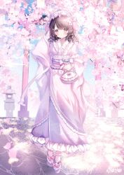  1girl bag bow cherry_blossoms cherry_tree commentary falling_petals frilled_kimono frilled_socks frills full_body gem hair_bow highres holding holding_bag japanese_clothes kimono long_sleeves mofuuneko multiple_hair_bows obi obiage obijime original outdoors petals pink_bag pink_headdress pink_kimono purple_bow purple_gem purple_sandals sandals sash socks solo strawberry_ornament tabi torii untranslatable_commentary watermark watermark_grid white_socks wide_sleeves 