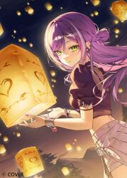  1girl black_shirt braid colored_inner_hair commentary_request earrings green_eyes hair_rings half_up_braid highres hololive jewelry lantern long_hair looking_at_viewer miniskirt multicolored_hair myao_(myaodayone) night official_art outdoors paper_lantern pink_hair pleated_skirt purple_hair shirt short_sleeves shorts shorts_under_skirt single_hair_ring skirt sky_lantern solo streaked_hair swept_bangs tokoyami_towa virtual_youtuber white_shorts white_skirt white_streaks 