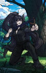  1girl aiming black_hair black_pants clouds cloudy_sky commission demon_horns forest high_ponytail highres horns long_hair nature nico_artt on_one_knee original pants pink_eyes ponytail single_horn sky slingshot_(weapon) smile tree very_long_hair vgen_commission watermark 