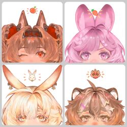  4girls absurdres ahoge angelina_(arknights) angelina_the_mellow_wish_(arknights) animal_ear_fluff animal_ears animalization arknights bell bell_ear_ornament black_hairband blonde_hair brown_eyes brown_hair carrot chinese_commentary close-up closed_eyes commentary_request earpiece flower food fox_ears fox_girl freckles fruit hair_between_eyes hair_flower hair_ornament hairband hairclip highres jacinta_(arknights) koukouhe long_hair looking_at_viewer multicolored_hairband multiple_girls notice_lines orange_(fruit) person_and_animalization pink_eyes pink_hair rabbit rabbit_ears rabbit_girl raccoon raccoon_ears raccoon_girl red_eyes simple_background tearing_up thick_eyebrows thumpy_(arknights) timeslot_(arknights) twintails two-tone_hairband v-shaped_eyebrows white_background x_hair_ornament yellow_eyes 