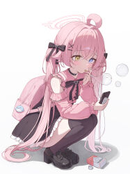  1girl absurdres ahoge backpack bag black_bow black_bowtie black_choker black_shoes black_skirt black_thighhighs block_heels blowing_bubbles blue_archive blue_eyes bottle bow bowtie box cellphone choker commentary_request crying crying_with_eyes_open detached_sleeves dlrkdals070707 frilled_shirt frilled_skirt frilled_sleeves frills from_side full_body hair_ornament hairclip halo heterochromia highres holding holding_bottle holding_phone hoshino_(blue_archive) korean_commentary long_hair long_sleeves miniskirt phone pink_bag pink_hair pink_halo pink_shirt pink_sleeves pretend_cigarette school_uniform shadow shirt shoes simple_background skirt sleeveless sleeveless_shirt smartphone solo squatting straight_hair tears thigh-highs very_long_hair white_background x_hair_ornament yellow_eyes 