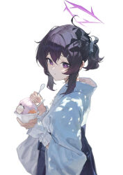  1girl :t alternate_costume blue_archive blue_kimono chinese_commentary commentary_request dongzhibumian food from_side hair_between_eyes hair_ornament hairclip halo haruka_(blue_archive) holding holding_food holding_ice_cream holding_spoon ice_cream japanese_clothes kimono looking_at_viewer ponytail purple_hair purple_halo short_ponytail solo spoon violet_eyes white_wrist_cuffs wrist_cuffs 