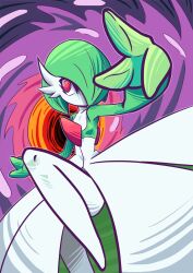  1girl bob_cut colored_skin dress fighting_stance gardevoir green_hair green_skin hair_over_one_eye looking_at_viewer multicolored_skin pink_eyes pokemon pokemon_(creature) standing standing_on_one_leg stevobread two-tone_skin white_dress white_skin 