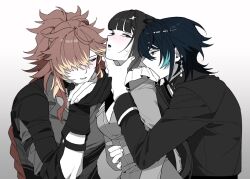  1girl 2boys black_hair blue_hair blush braid brown_hair colored_tips commentary_request gloves grabbing_another's_face gradient_background greyscale hand_on_another's_stomach head_grab heidinobasuke hetero implied_threesome kaize_ozma kiss kissing_hand korean_commentary long_hair long_sleeves looking_at_another monochrome multicolored_hair multiple_boys noil_bestia over_requiemz ponytail simple_background spot_color sweatdrop two-tone_hair very_long_braid yuhiru_(over_requiemz) 