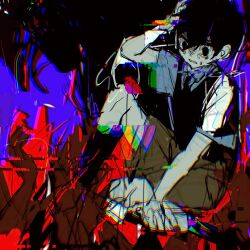  1boy arm_up black_eyes black_hair black_sweater_vest brown_shorts collared_shirt commentary crying crying_with_eyes_open glitch highres male_focus omori parted_lips shirt short_sleeves shorts solo sunny_(omori) sweater_vest tansuan_(tansaninryou) tears white_shirt 