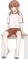  1girl absurdres blush_stickers breasts brown_eyes brown_hair brown_shorts closed_mouth collarbone commentary_request desk full_body gym_uniform hair_over_shoulder highres kopaka_(karda_nui) long_hair low_twintails no_socks on_desk original school_desk shirt shoes short_sleeves shorts simple_background small_breasts solo twintails uwabaki white_background white_shirt white_shoes 
