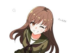  1girl ;) absurdres brown_eyes brown_hair character_name commentary green_sailor_collar green_serafuku highres jakumaku-kun kantai_collection long_hair long_sleeves looking_at_viewer neckerchief one_eye_closed ooi_(kancolle) sailor_collar school_uniform serafuku simple_background smile solo white_background 