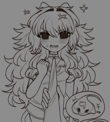  1girl 1other anger_vein blush bonnibelle bonnibelle_amai fangs hair_intakes holding holding_leash indie_virtual_youtuber laughing leash long_hair monochrome open_mouth pov pov_hands stingray stingray_girl stingray_tail sweatdrop syrup_(bonnibelle_amai) teeth upper_teeth_only viewer_holding_leash virtual_youtuber 