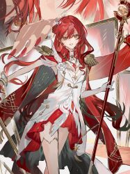  1girl absurdres brown_eyes cape dress epaulettes flower highres himeko_(honkai:_star_rail) himeko_(nova)_(honkai:_star_rail) holding holding_staff honkai:_star_rail honkai_(series) long_hair ouge_dz red_cape red_hair red_nails rose solo staff white_dress white_flower white_rose 