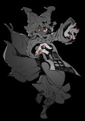  1girl animal_ear_headwear black_background closed_mouth dark dress fox_girl fox_tail frown full_body greyscale highres hounori kitsune long_dress long_sleeves monochrome multiple_tails outstretched_arms reaching reaching_towards_viewer red_eyes red_nails simple_background solo spot_color standing standing_on_one_leg tabard tail touhou yakumo_ran 