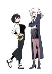  2girls angry black_hair breasts brown_eyes coat crossed_arms fluffy_hair genderswap genderswap_(mtf) glaring gloves grey_eyes height_difference heo_seol-jin high_heels highres hood hoodie jacket kim_tae-won_(player) large_breasts looking_to_the_side messy_hair multiple_girls open_clothes open_coat open_jacket pantyhose pencil_skirt player_(webtoon) shoes short_hair simple_background skirt small_breasts sneakers ssambatea tomboy turtleneck white_hair 