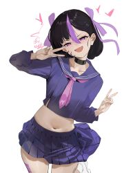  1girl absurdres artist_name black_collar black_hair blue_serafuku blue_skirt collar cowboy_hat english_commentary fang goddess_of_victory:_nikke hat heart highres looking_down midriff miniskirt mole mole_under_eye multicolored_hair navel necktie nyahpa20 pink_necktie pleated_skirt purple_ribbon purple_streaks ribbon school_uniform serafuku short_hair simple_background skin_fang skirt smile solo streaked_hair syuen_(nikke) v white_background 