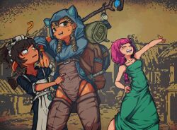  3girls ? absurdres adjusting_clothes animal_ear_headwear apron backpack bag blue_gem bocchi_the_rock! book boots braid braided_ponytail breasts brown_boots brown_hair brown_leotard closed_eyes cocona_(lonarpg) collarbone commentary confused crossover dark-skinned_female dark_skin fangs flat_chest gem green_apron green_eyes grin hair_bun hand_on_own_hip highres hiroi_kikuri lantern leotard lona_(lonarpg) lonarpg long_hair mage_staff maid_apron medium_breasts medium_hair multiple_girls nervous_smile pink_hair pixelated_background pointing pointy_ears scabbard sheath shield short_hair sleeping_bag smile staff sweat sword thigh_boots wanshiguai weapon white_apron 