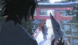  2boys black_hair black_haori brown_hair commentary_request death_note fox_mask haori holding holding_mask holding_umbrella japan japanese_clothes kimono l_(death_note) looking_at_another male_focus mask messy_hair multiple_boys oil-paper_umbrella outdoors red_umbrella snow snowing stairs torii umbrella white_kimono winter yagami_light zrzz 