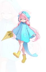  1girl :d ;d absurdres ahoge alternate_costume blue_archive blush boots commentary_request dlrkdals070707 hair_between_eyes hair_bobbles hair_ornament halo highres holding holding_umbrella hoshino_(blue_archive) korean_commentary long_hair looking_at_viewer low_twintails one_eye_closed open_mouth pink_hair pink_halo raincoat rubber_boots smile solo twintails umbrella yellow_eyes zoom_layer 