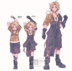  1boy arms_behind_head black_boots black_gloves black_overalls black_shorts blonde_hair boots commentary copyright_name cropped_jacket dissidia_duellum_final_fantasy dissidia_final_fantasy ff14hioo_oo7 final_fantasy final_fantasy_x full_body gloves jacket male_focus official_alternate_costume overalls parted_bangs parted_lips shirt short_hair shorts smile solo standing stretching teeth tidus tidus_(street_striker) white_background yellow_jacket yellow_shirt 