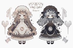  2girls accurate_lolita_coord apron baby_animal black_apron black_flower black_headdress black_rose black_shoes bow brown_dress brown_hair classic_lolita closed_mouth colored_eyelashes commentary_request curly_hair dress drill_hair drill_sidelocks flower grey_hair hat highres lace lace_trim lamb layered_dress light_blush lolita_fashion long_hair long_sleeves mary_janes mob_cap multiple_girls naiguozi original puffy_long_sleeves puffy_sleeves ribbon rose scissors sewing_pin sheep shoes sidelocks spool thick_eyebrows very_long_hair white_apron white_dress white_flower white_headdress white_rose 