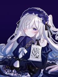  1girl bare_shoulders black_ribbon blue_background blue_dress blue_hairband bow closed_mouth commentary_request dress dress_bow frilled_dress frilled_hairband frilled_sleeves frills gothic_lolita hair_over_one_eye hair_ribbon hairband highres holding holding_sketchbook lemi_cocoa lolita_fashion lolita_hairband long_hair long_sleeves mahou_shoujo_no_majo_saiban natsume_an-an off-shoulder_dress off_shoulder one_eye_covered outline polka_dot polka_dot_bow ribbon simple_background sketchbook sleeve_bow sleeves_past_fingers sleeves_past_wrists solo upper_body violet_eyes watermark white_hair white_outline wide_sleeves 