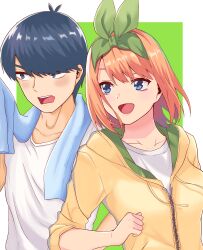  1boy 1girl :d absurdres antenna_hair black_hair blue_eyes blush border breasts clenched_hand collarbone commentary_request exhausted eyebrows_hidden_by_hair eyelashes go-toubun_no_hanayome green_background green_ribbon hair_between_eyes hair_ribbon hand_up highres holding holding_towel hood hood_down hooded_jacket jacket kouta(34765766) large_breasts long_sleeves looking_to_the_side medium_hair nakano_yotsuba open_mouth orange_hair outside_border ribbon shirt short_hair simple_background sleeves_rolled_up smile sweat towel towel_around_neck uesugi_fuutarou white_border white_shirt yellow_jacket zipper 