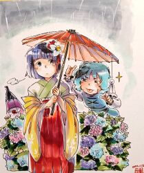  2girls blue_dress blue_eyes blue_flower blue_hair blush bush clouds cloudy_sky commentary_request dated dress flower green_kimono hakama hakama_skirt heterochromia hieda_no_akyuu holding holding_umbrella hydrangea japanese_clothes karakasa_obake kimono kokechankokko long_sleeves medium_hair multiple_girls puff_of_air purple_flower purple_hair rain red_eyes red_hakama shirt skirt sky sparkle tatara_kogasa teruterubouzu tongue tongue_out touhou traditional_media umbrella violet_eyes white_shirt 