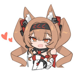  1girl :d absurdres angelina_(arknights) animal_ears arknights bare_shoulders black_hairband blush chibi detached_sleeves dress earpiece fang fox_ears fox_girl hairband heart heart_seal highres incoming_letter long_hair long_sleeves open_mouth orange_eyes skin_fang smile solo twintails upper_body wavy_hair wax_seal zhuo_low 