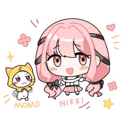  1girl :3 absurdly_long_hair ahoge animal anime_coloring bare_shoulders belt black_belt black_bow black_ribbon blush_stickers bow bowtie bra_strap brown_eyes cat character_name chibi chinese_commentary cloak closed_mouth clothed_animal commentary_request ear_covers eyelashes flower frilled_shirt frills hair_between_eyes hair_bow hair_ribbon happy heart highres hood hood_up hooded_cloak infinity_nikki layered_skirt long_hair long_sleeves looking_at_another low_twintails medium_skirt momo_(nikki) nikki_(nikki) nikki_(series) notice_lines off-shoulder_shirt off_shoulder open_mouth perfect_start_(infinity_nikki) pink_flower pink_hair pink_shoes pink_skirt puffy_long_sleeves puffy_sleeves red_bow red_bowtie ribbon shirt shoes simple_background skirt smile solflowerum standing star_(symbol) tress_ribbon twintails very_long_hair whiskers white_background white_cat white_shirt x_navel yellow_cloak 