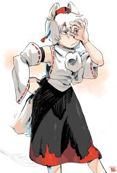  1girl animal_ears black_skirt blush colored_eyelashes commentary dated detached_sleeves feet_out_of_frame frown hand_on_own_hip hat hat_tassel highres inubashiri_momiji kokechankokko ok_sign ok_sign_over_eye pom_pom_(clothes) red_eyes red_hat shirt short_hair skirt solo tail tokin_hat touhou white_background white_eyelashes white_shirt wolf_ears wolf_tail 