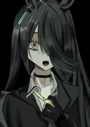 1girl absurdres adjusting_clothes adjusting_necktie aegyo_sal ahoge animal_ears black_background black_choker black_coat black_gloves black_hair choker coat collarbone collared_shirt commentary ear_ornament ear_tag earrings expressionless fangs gloves hair_over_one_eye hand_up highres horse_ears horse_girl jewelry long_bangs long_hair long_sleeves looking_at_viewer loose_necktie manhattan_cafe_(creeping_shadow)_(umamusume) manhattan_cafe_(umamusume) multicolored_hair neckerchief necktie open_mouth shirt simple_background single_earring solo umamusume untranslatable_commentary usako2201min white_hair white_shirt yellow_eyes yellow_neckerchief 
