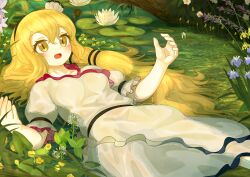  1girl :d absurdres afloat black_hairband blonde_hair breasts commentary_request commission dress ekaapetto flower flower_request frilled_dress frilled_sleeves frills green_water hair_ornament hairband highres iris_(flower) long_hair lying making-of_available on_back open_mouth ophelia_(painting) paid_reward_available pink_flower purple_flower shell shell_hair_ornament skeb_commission slit_pupils small_breasts smile solo touhou very_long_hair watari_nina water water_lily_flower white_dress white_flower yellow_eyes yellow_flower 