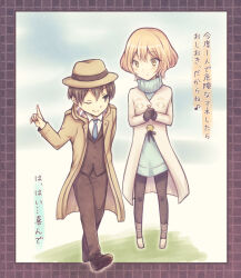  1boy 1girl black_gloves black_pantyhose blue_necktie blue_sweater blush brown_coat brown_pants brown_suit coat collared_sweater commentary_request deformed dress_shirt fedora gloves hat highres index_finger_raised kisaki_asuna kuzuhana light_frown looking_at_another moccasins moritsuka_shun necktie occultic;nine one_eye_closed pants pantyhose ribbed_collar science_adventure shirt smile suit sweater white_coat yellow_eyes 