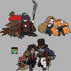  2boys 2girls absurdres asymmetrical_inertia_(e.g.o) black_hair black_jacket black_pants black_vest bow brown_hair brown_hairband brown_hat commentary_request dark-skinned_male dark_skin green_eyes hair_bow hairband hat heathcliff_(project_moon) heishou_pack-you_branch_(identity)_(project_moon) highres holding holding_ladle hong_lu_(project_moon) hongyuan_(identity)_(project_moon) ishmael_(project_moon) jacket kekeken ladle limbus_company long_hair monocle multiple_boys multiple_girls multiple_views open_mouth orange_hair pants parted_bangs project_moon rodion_(project_moon) rope very_long_hair vest white_bow yurodiviye_(identity)_(project_moon) 