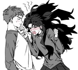  1boy 1girl blush breasts clenched_hand clenched_hands closed_eyes closed_mouth commentary_request cowboy_shot emiya_shirou fang fate/stay_night fate_(series) fingernails floating_hair from_side gamjajeon11 greyscale hair_ribbon hand_up hands_up heart heart_in_mouth korean_commentary lightning_bolt_symbol long_sleeves medium_breasts miniskirt monochrome open_mouth pleated_skirt ribbon screaming short_hair sidelocks simple_background skirt standing sweatdrop sweater tohsaka_rin tsundere turtleneck turtleneck_sweater two-tone_shirt two_side_up v-shaped_eyebrows wavy_hair wavy_mouth 