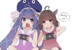  2girls ahoge bi_(bi_trip_machine) blue_hair blush brown_hair commentary_request cowboy_shot dress flying_sweatdrops handheld_game_console headgear highres holding holding_handheld_game_console long_hair medium_hair multiple_girls nintendo_switch open_mouth otomachi_una purple_dress red_eyes sailor_collar sailor_dress simple_background sitting sleeveless sleeveless_dress touhoku_kiritan twintails vocaloid voiceroid white_background white_sailor_collar 