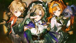  3girls absurdres asymmetrical_bangs bird bird_on_hand black_gloves black_jacket braid braided_sidelocks brown_eyes brown_hair checkered_hairband clothing_cutout commentary dress gloves green_eyes grey_eyes grey_skirt hair_ornament hairband hand_on_own_hip highres hip_vent jacket looking_at_viewer multiple_girls neckerchief ok_sign ok_sign_over_eye open_clothes open_jacket orange_hair partially_fingerless_gloves pleated_skirt polka_dot_neckerchief pong_(pong_o0) regulus_(reverse:1999) reverse:1999 rhiannon_(reverse:1999) sidelocks skirt sonetto_(reverse:1999) star_(symbol) star_hair_ornament white_dress 