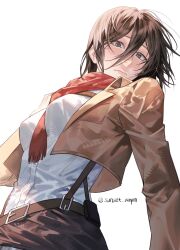  1girl black_hair breasts brown_jacket closed_mouth cropped_jacket grey_eyes hair_between_eyes highres jacket looking_at_viewer medium_breasts mikasa_ackerman paradis_military_uniform red_scarf scar scar_on_cheek scar_on_face scarf shingeki_no_kyojin shirt short_hair solo sunset_ampm suspenders three-dimensional_maneuver_gear twitter_username upper_body white_background white_shirt 