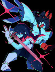  1girl 1other aqua_(deltarune) armor black_background black_hair blue_hair blue_skirt boots bow closed_mouth commentary deltarune dress fang gloves gorira_(2525gorillachan) hair_between_eyes hair_bow hair_over_eyes hair_over_one_eye highres holding holding_sword holding_weapon knife kris_(dark_world)_(deltarune) kris_(deltarune) on_one_knee open_mouth red_boots red_bow red_eyes scarf simple_background skirt sleeves_past_fingers sleeves_past_wrists sparkle sword twitter_username utdr_(toby_fox) weapon 